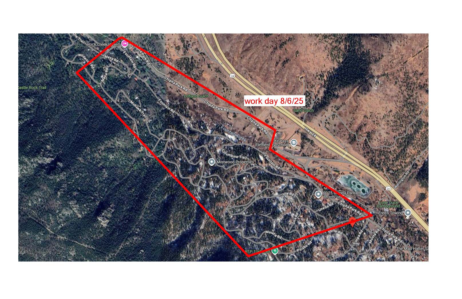 Map of area affected by work done on this day